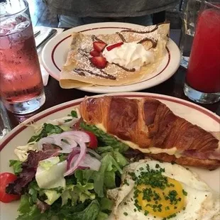 Ham + cheese croissant with salad; chocolate crêpe