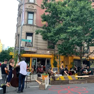 Outdoor seating with live music