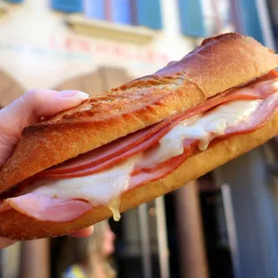 a hand holding a sandwich