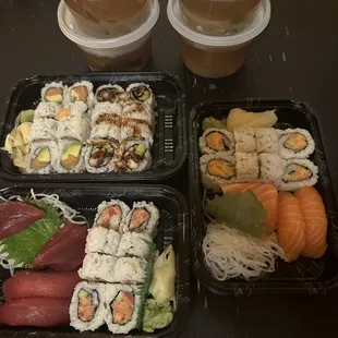 Miso soup, tuna deluxe, salmon deluxe, salmon avocado, and eel cucumber roll