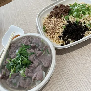 Spicy Noodle with Minded Pork (right)
