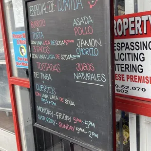 Menu for food specials