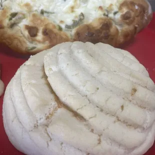 Vanilla concha and cheesy jalapeño bolillo