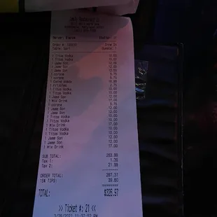 My tab..the bartender charged us more for her shot than our singles, I work in the industry so she just charged us extra to make more money