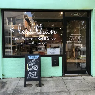a storefront with a sign for zero waste and refill shop