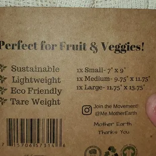 Back side of produce bags.