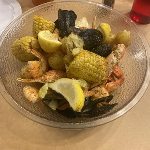 Crab legs dry and Mussels super dry.