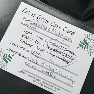Nice touch. Love that she gives these care cards out with your plant purchase.