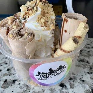 Hubby&apos;s request...ice cream with chocolate added. Topped with whip and nuts. Cookies added, too!