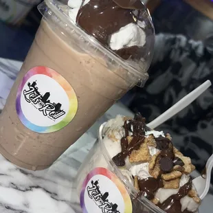 Mocha Frappe and Horchata Rolled Ice Cream with Nutella Syrup and Chocolate Chip topping