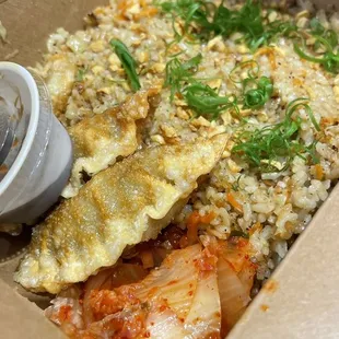 Garlic Fried Rice with 3 Dumplings and Kimchee