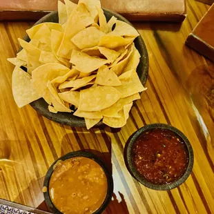 complimentary chips, salsa, chorizo bean dip