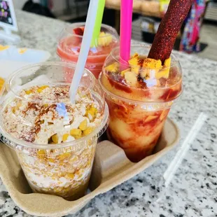 Elote, mangonada, &amp;the rosy (strawberry raspberry, pineapple.