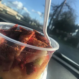Fruit Cup: Strawberries, Mango, Pineapple, Cantaloupe, Tajin and Watermelon  Elote: Corn, Chili, Mayo and Cheese