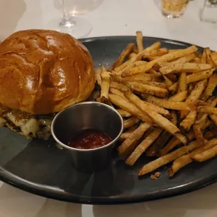 LeTour Burger - double smash burger, raclette cheese, crispy onions