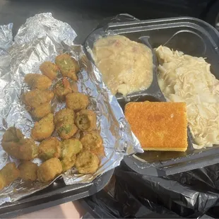 Fried Okra, Garlic Mashed Potatoes, Chicken and Dumplings, and Cornbread