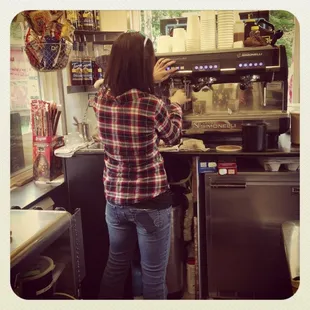 Cynthia pulling some delicious Dillanos espresso shots.