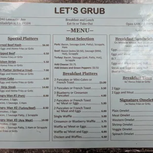 MENU: Special Platters, Meat Selection, Breakfast Platters, Breakfast Sandwiches, Signature Omelets