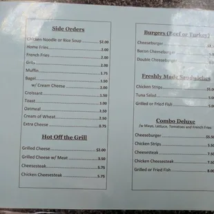 MENU: Sides, Hot off the Grill, Combo Deluxe, Burgers, Fresh Sandwiches