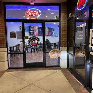 the entrance to a restaurant