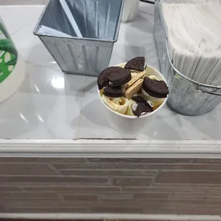 Vanilla ice cream with pound cake,  graham crackers, and oreos.