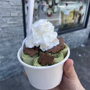 Matcha rolled ice cream with teddy grahams and whipped cream