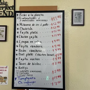 a menu on the wall