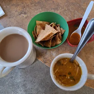 Coffee, chips/salsa, and a fideo cup - it was nice and warm, perfect for a chilly day.