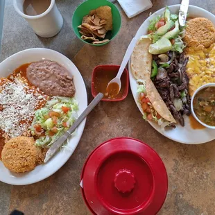 The entomatadas are so good and the tampiquena plate is a sampler of a little bit of everything. The flour tortillas are big!