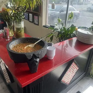 Giant molcajete with fresh salsa was incredibly good and fresh!