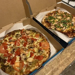 BBQ Chicken Specialty Pizza and Pesto Tomato Specialty Pizza