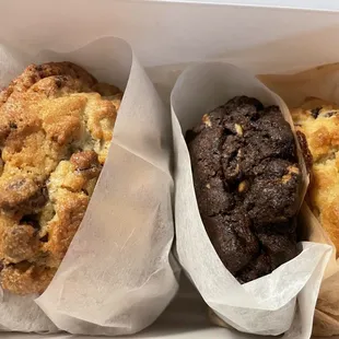 Our 4 pack assortment of Chocolate Chip Walnut Cookie, Dark Chocolate Peanut Butter Chip Cookie and Caramel Coconut Chocolate Chip Cookie.