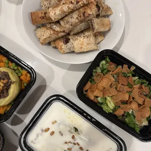 Musakhan rolls, fattoush, kousa bi laban