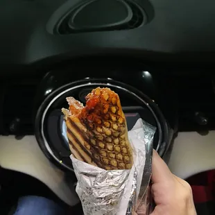 Chicken shawarma wrap with hot sauce