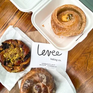 Coffee twist, chocolate pistachio babka knot, pumpkin cruffin