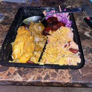Curry chicken with coleslaw and coleslaw and plantains. Chickens also boneless.