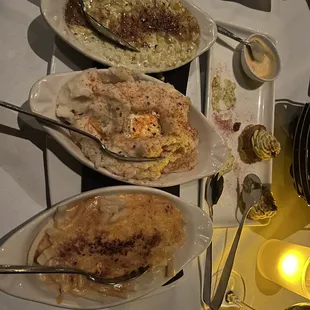 Creme Brûlée corn, garlic whipped mashed potatoes, egg noodles and cheese, fried deviled eggs