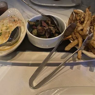 Sides trio garlic mash; Brussels sprouts and steak Fries