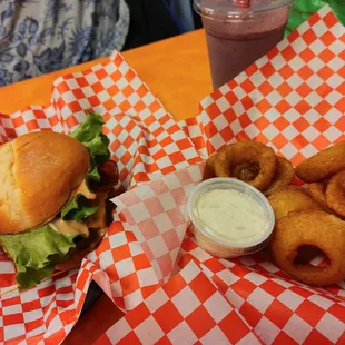 Bacon cheeseburger and onion rings with ranch