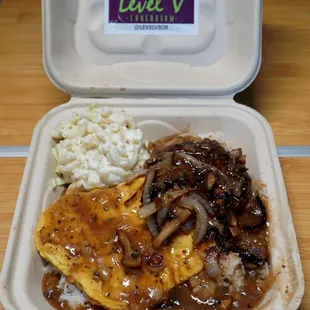 Contemporary local comfort cuisine made w/ vHamburger patty, fried vEgg, 12oz of rich gravy, topped w/caramelized onions &amp; grilled mushrooms