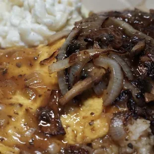 All Vegan egg, patty, mac salad &amp; gravy w/ caramelized mushrooms &amp; onion