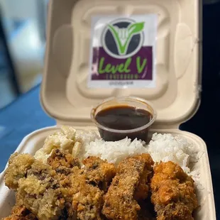 Local adaptation from a Japanese dish of deep fried vChicken cutlet sliced crusted w/ panko bread crumbs serve w/ over 3.5oz of Katsu sauce.