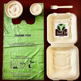 We are 100% plant-based, fully compostable &amp; plastic free for all our to-go-bags, utensils, containers. Food prep scraps are composted.