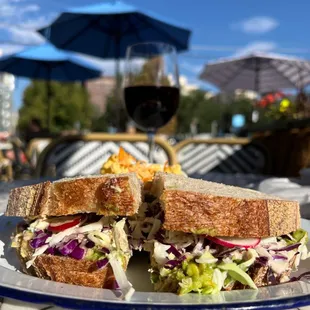 Smashed Chickpea Sanwich +side of macaroni salad &amp; Pinot noir