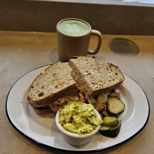 Pastrami Reuben hot sandwich with French Curry potato salad and Matcha Latte