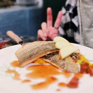 River Song ($24) - Seared Rainbow Trout, served with Winter Squash Puree, Spanish Dry Chorizo, Apple, Hibiscus Cider Reduction