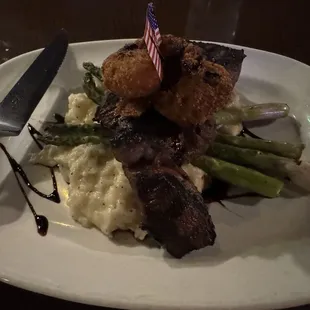 Surf and Turf (2 fried shrimp, sirloin, asparagus, and mashed potatoes)