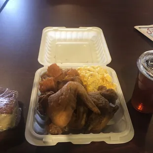 Chicken Wings Dinner with Macaroni and Cheese and sweet potatoes. Sweet Tea and cornbread.