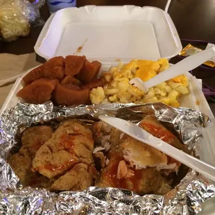 Fried fish, Mac/cheese, and yams
