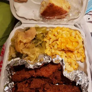 Fried catfish, mac &amp; cheese, cabbage, and corn bread